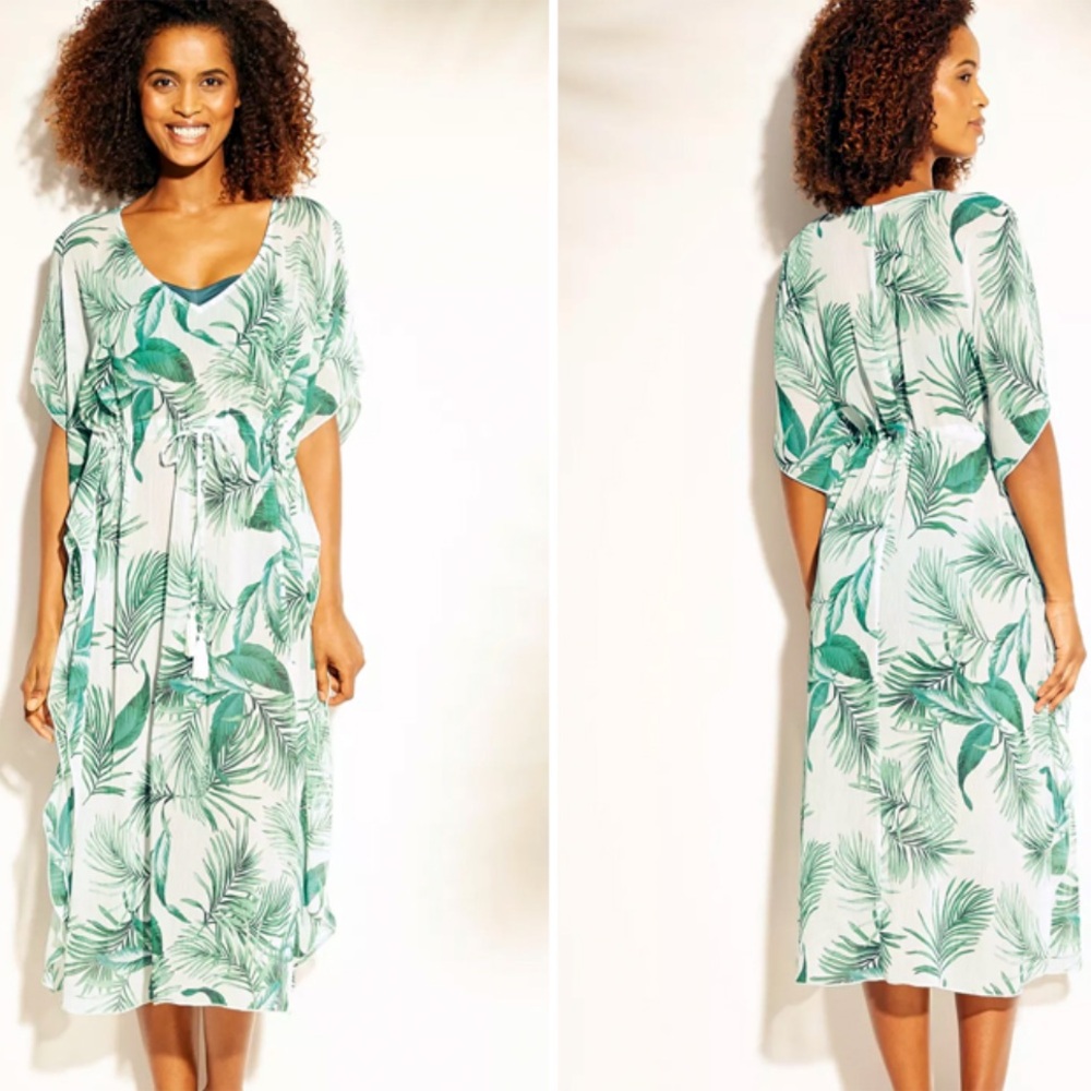 Kona Sol caftan dress swim cover-up leaf palm print XL